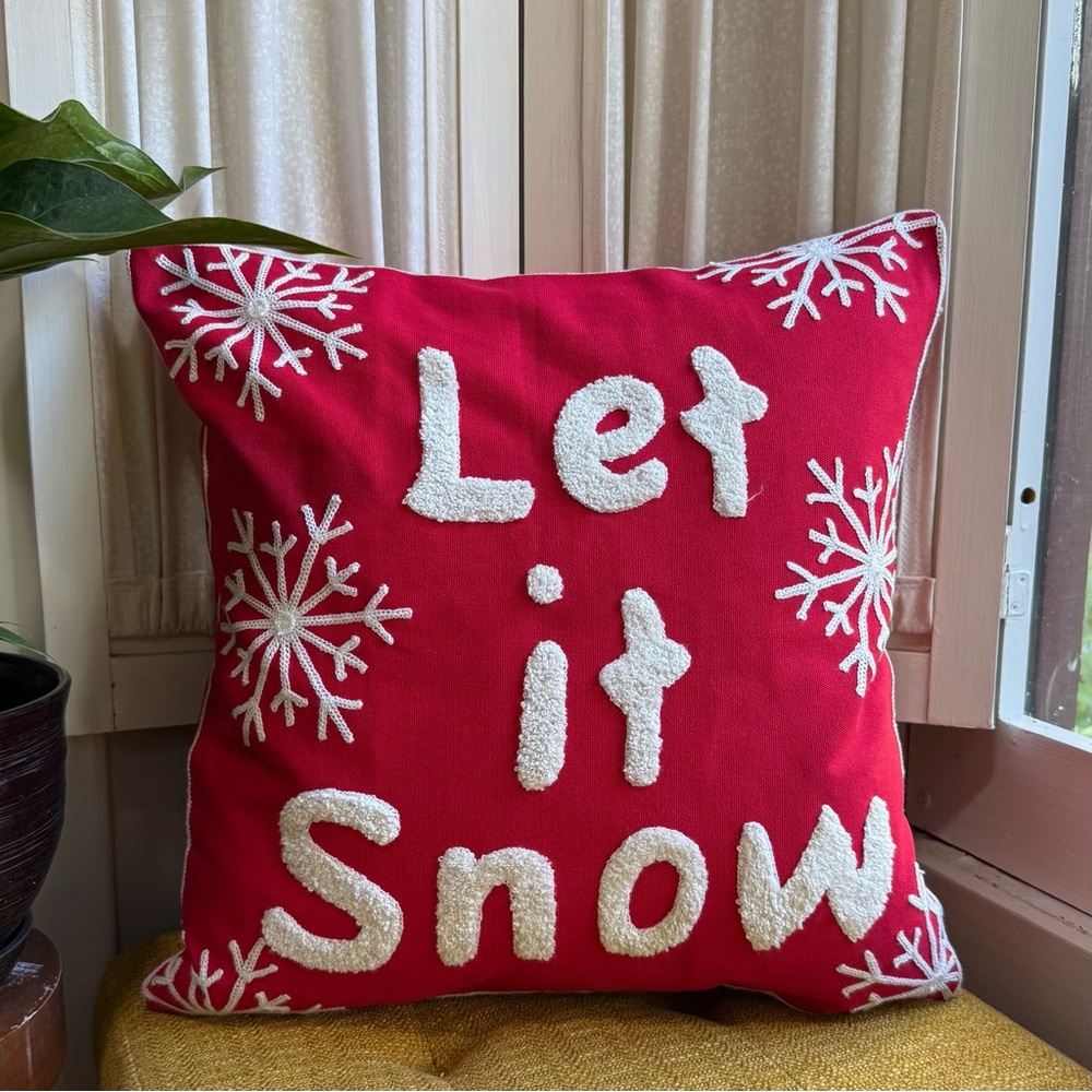 Embroidered Red 'Let it Snow' Holiday Pillow